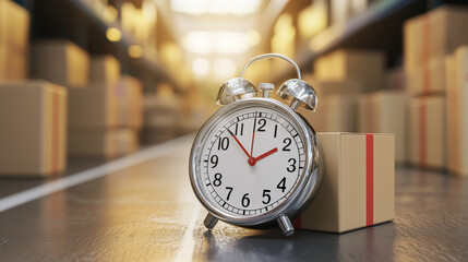 A silver alarm clock placed on a cardboard package inside a warehouse, highlighting the importance of time management and efficiency in logistics and shipping.