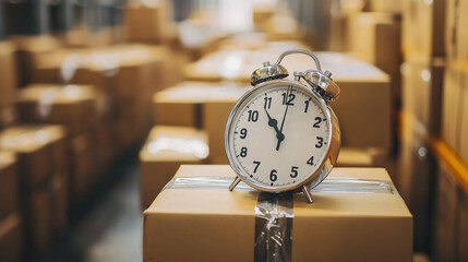 A silver alarm clock on a cardboard package in a warehouse, focusing on the timely delivery and management of logistics in the e-commerce sector.