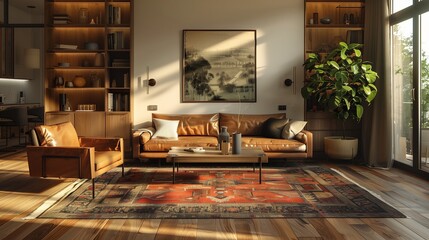 A spacious living room featuring dark wooden floors, a patterned area rug, and a stylish leather couch with a coffee table  with decorative items.