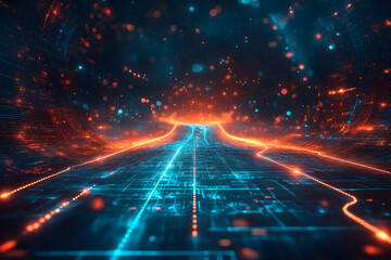 Fototapeta premium A futuristic digital landscape featuring a glowing highway made of neon lines, symbolizing advanced technology, data flow, and virtual pathways. 