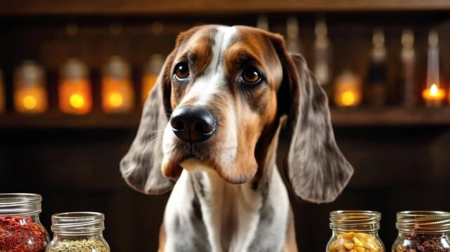 A lovable dog curiously observes jars of spices and treats, adding a warm touch to the cozy kitchen atmosphere