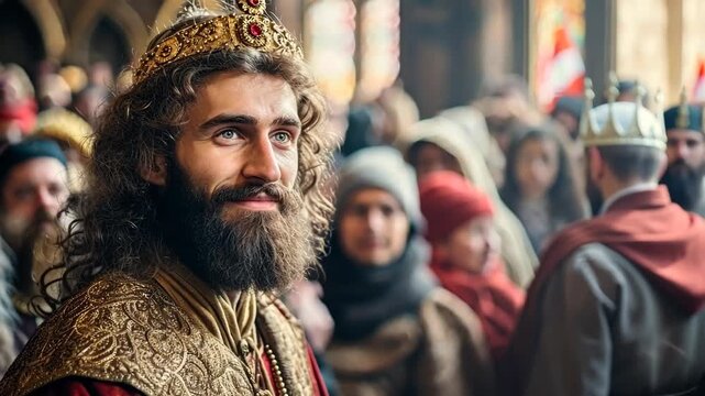 The atmosphere is filled with excitement as a noble leader greets his devoted followers in a grand hall adorned with vibrant banners