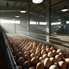 Fototapeta premium A large egg farm with numerous hens in spacious enclosures, realistic, natural lighting, vibrant colors, high detail.