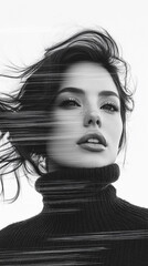 Black and white portrait of a young woman wearing a turtleneck sweater, her face partially covered by abstract lines creating a sense of movement