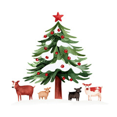 Naklejka premium A festive scene featuring a decorated Christmas tree with adorable farm animals gathered around it, embodying holiday cheer, isolated on transparent background.