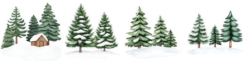 Fototapeta premium A serene winter landscape featuring snow-covered trees and a cozy cabin amidst inviting white scenery, isolated on transparent background.