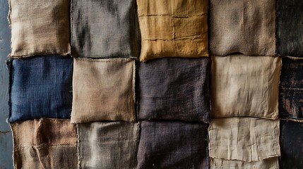 A Wall Covered in Worn, Gridded Fabric Patches