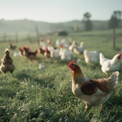 Fototapeta premium Organic free-range chicken farm with hens roaming freely, green pastures, natural light, realistic, warm tones.