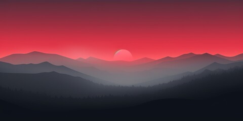 Fototapeta premium Silhouette of mountain ranges at sunset with a red sky.