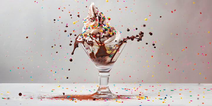Deliciosa copa de helado con chispas de chocolate en un fondo blanco aislado estallando 