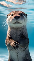Underwater photo of an otter having fun playing in the water.