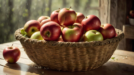 ripe juicy apples in a wicker basket on a garden background	