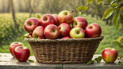 ripe juicy apples in a wicker basket on a garden background	