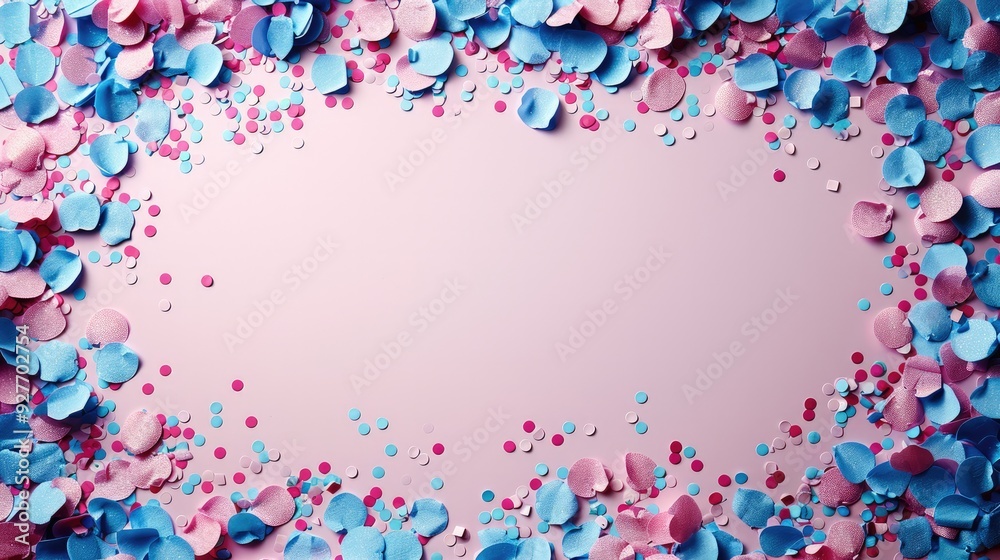 Poster Frame made of colorful shiny confetti on pastel color background, flat lay copy space background. Generative AI.