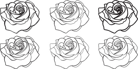 Set Line art rose flower isolated on white wedding illustration coloring page clip art design monochrome black outline botanical sketch drawing pattern element hand drawn thick outline thin line