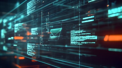 digital dashboard showcasing a stream of emails being sent and tracked in real-time, representing the concept of database-driven email marketing