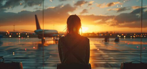 Fototapeta premium Passenger waiting in airport, silhouette of passenger watching aircraft take off as plane travels by plane. Generative AI.