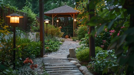 Obraz premium The alley leads to a cozy gazebo