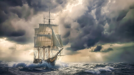Obraz premium A tall ship with fully raised sails, navigating stormy seas with dark clouds overhead