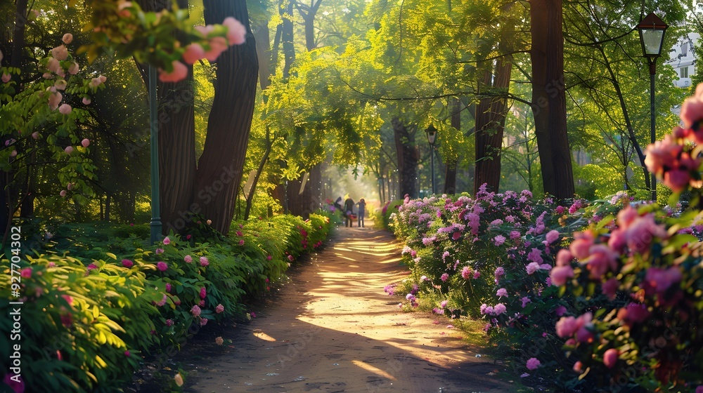 Wall mural Blooming alley surrounded by tall trees and bushes picture