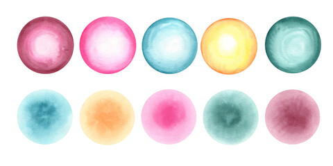 Gradient colored circles watercolor isolated illustration clip art. Painting Polka dot stains set in naive minimalist style. Round hand drawn spots template for kid party, birthday decor.