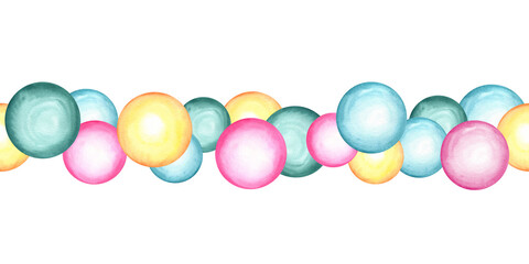 Pink, yellow, green and blue Circles seamless banner clip art. Gradient Splashes, round doodle spots. Large bubbles in minimalist style. Watercolor isolated illustration for textile, decor.