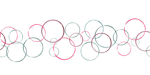 Abstract soap bubbles seamless pattern on white. Overlapping pink and green paintbrush circles watercolor isolated illustration. Geometric shape. Minimalist naive ornate for design projects, textile.