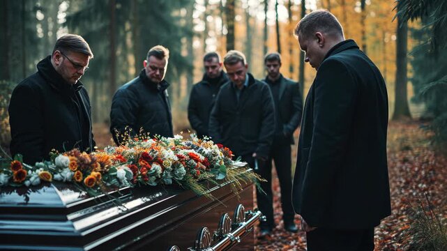 A group of mourners gathers in a serene forest, paying tribute to a loved one with a beautiful floral arrangement on the casket during a reflective moment