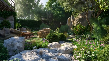 Rock garden elegant surrounded by greenery