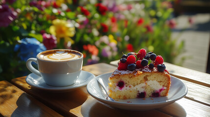 Cup of coffee and a slice of fruit cake are sitting on a table in an outdoor cafe, with a shallow depth of field