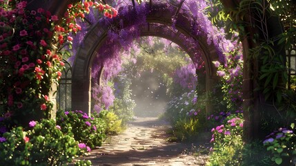 Decorative arch surrounded by flowering plants