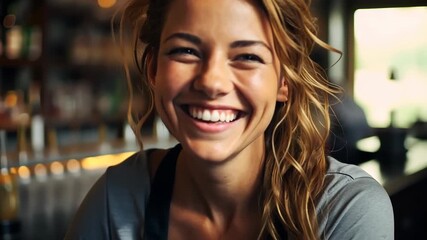 A cheerful bartender showcases her mixology skills while engaging with customers in a bustling urban bar filled with vibrant energy