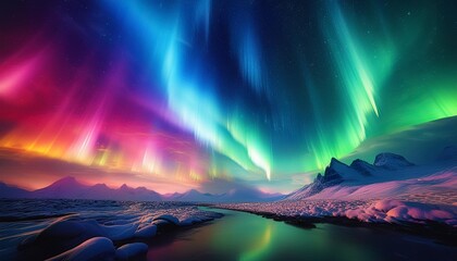 夜空に広がる幻想的な虹色のオーロラ_02