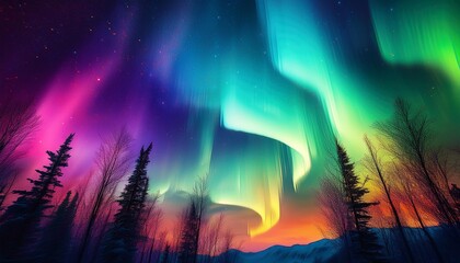 Obraz premium 夜空に広がる幻想的な虹色のオーロラ_01