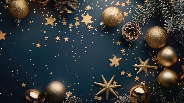 Luxurious gold holiday decor on navy surface Stylish festive layout with golden ornaments stars and confetti Overhead view