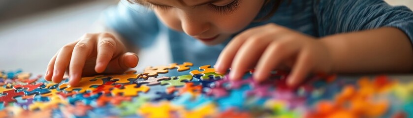 Fototapeta premium Preschooler solving a colorful puzzle, highlighting cognitive development and problem-solving skills
