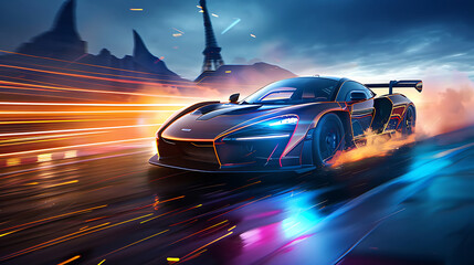 Obraz premium Futuristic sport car drifting on track with light trail effect. 3d render