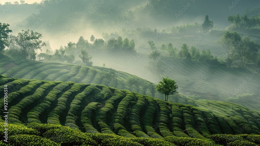 Wall mural Morning mist greeted tea gardens in rows