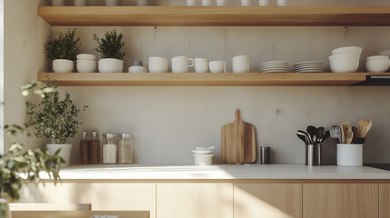 designed to harmonize Japanese and Scandinavian design principles in a minimalist kitchen setting, focusing on kitchenware for home cooking