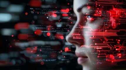 Woman's face with glowing red circuit board overlay.