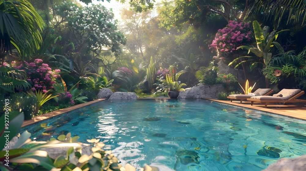 Wall mural swimming pool overlooking the tropical forest