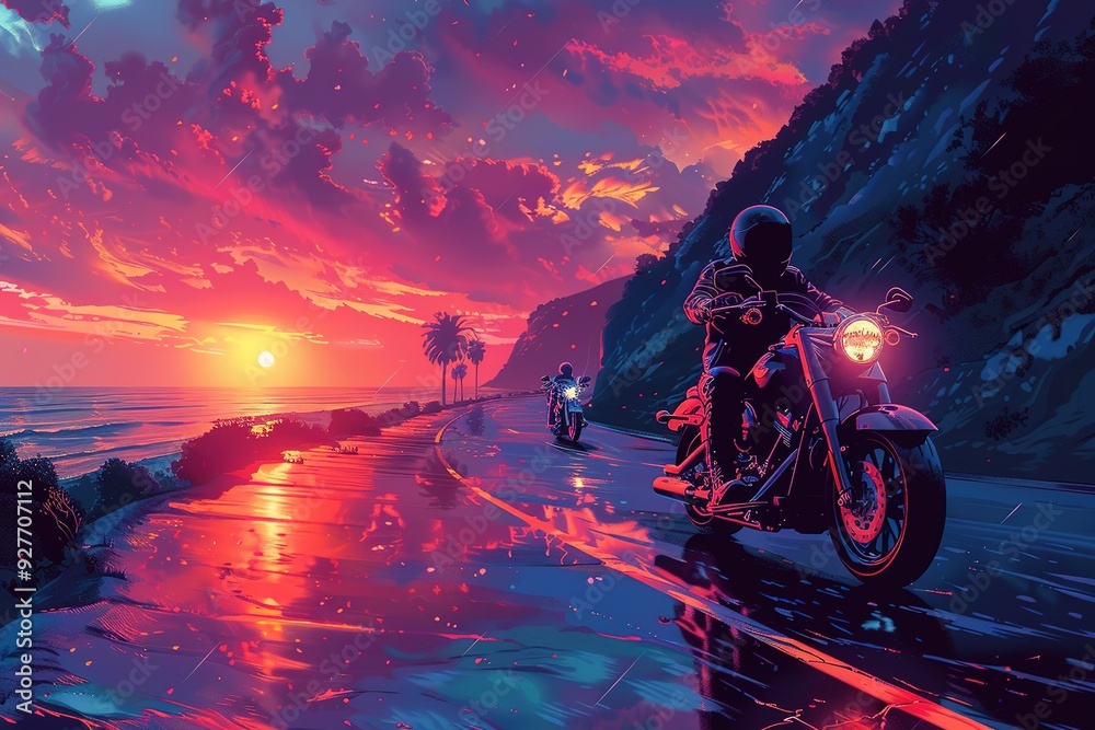 Wall mural a man on a motorcycle is riding down a road with a sunset in the background