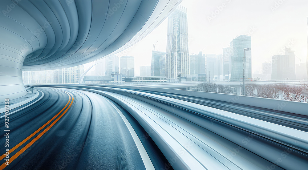 Poster highway overpass motion blur effect with modern city skyline background. generative ai.