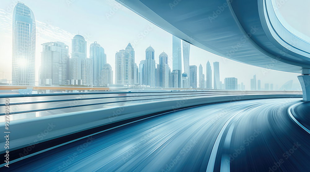 Poster Highway overpass motion blur effect with modern city skyline background. Generative AI.