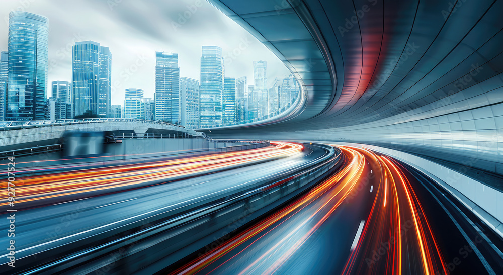 Poster highway overpass motion blur effect with modern city skyline background. generative ai.
