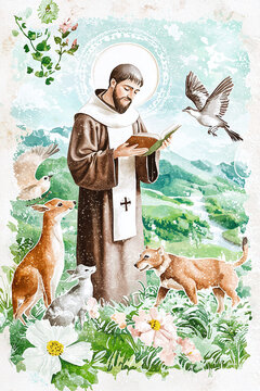 illustration of Saint Francis of Assisi, depicted surrounded by animals and nature, with a rich, textured background