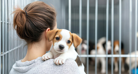 Woman holding up puppy in animal shelter, surrounded by other people and dogs behind the fence, showcasing dog adoption
