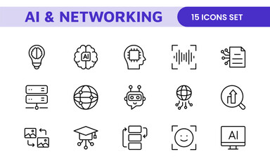 Artificial intelligence and Networking technology icon set. AI and networking editable line icon illustration.