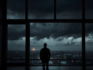 Man Looking Out Window During a Storm.