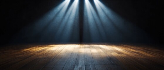 Spotlight Illuminating an Empty Wooden Stage in a Dark Room